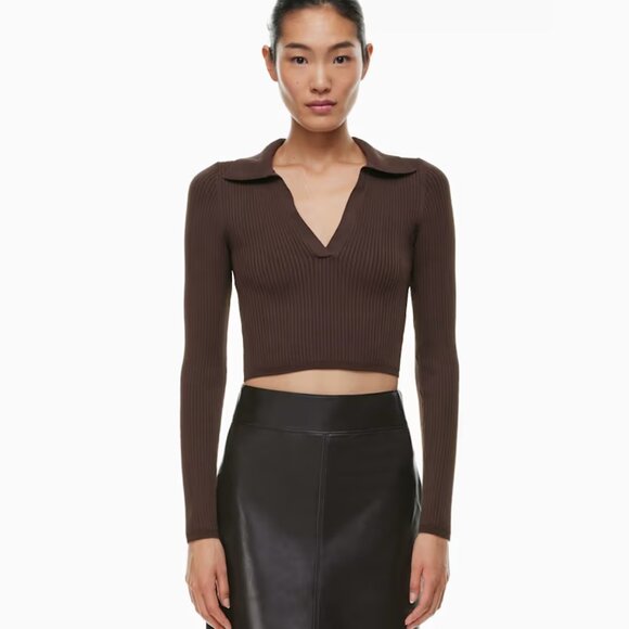 Babaton Aritzia Top Women Sculpt Knit Polo Longsleeve Rich Mocha Brown Size L - Picture 1 of 8
